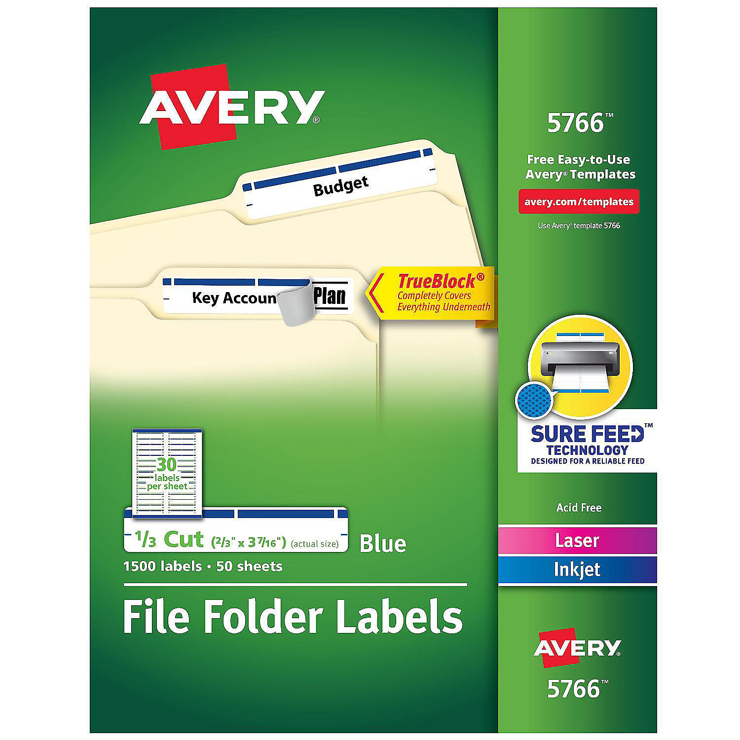 Avery File Folder Labels, 2/3" x 37/16", White/Blue (5766) Oriental