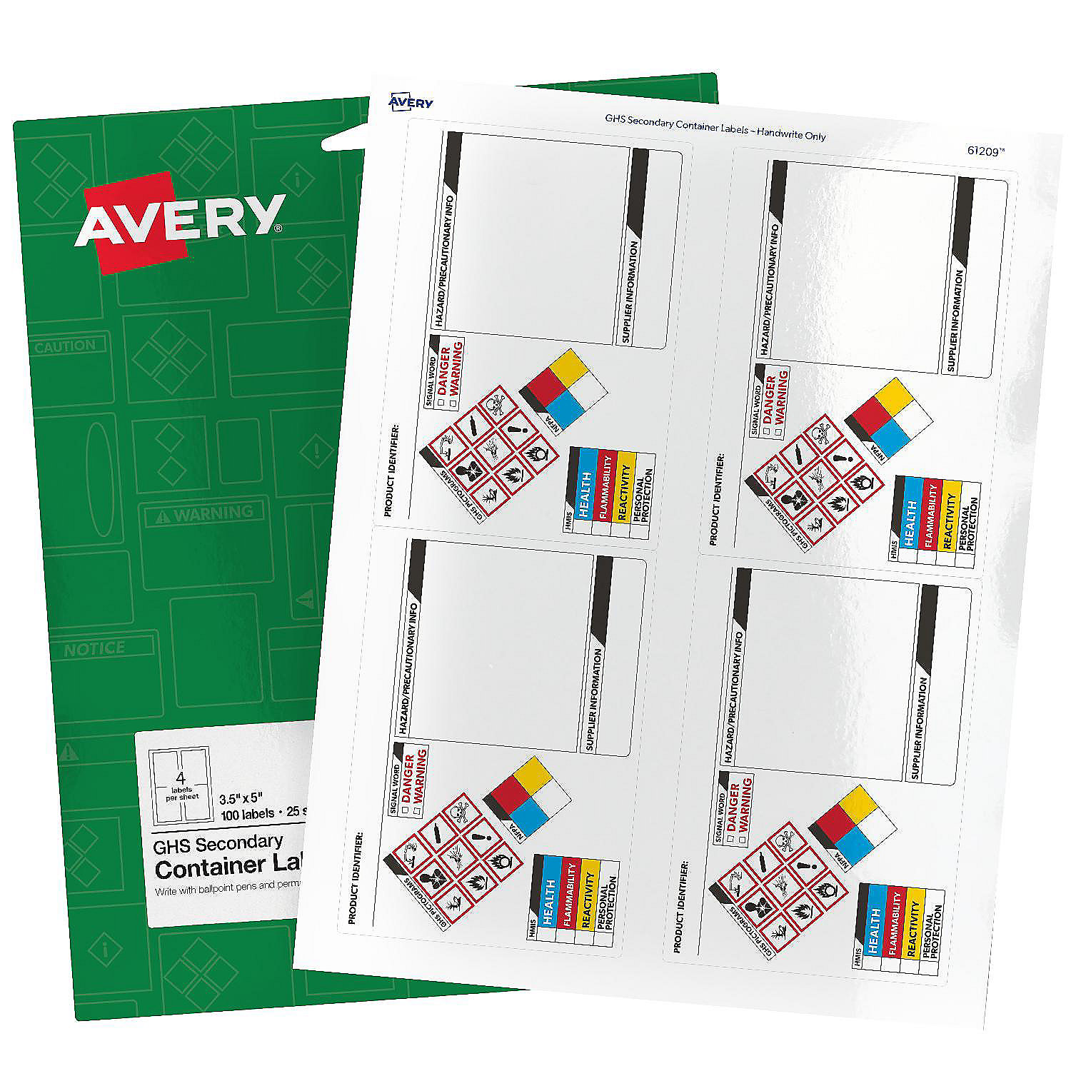 Avery GHS Secondary Container Labels, PrePrinted, Handwrite Only, 3.5