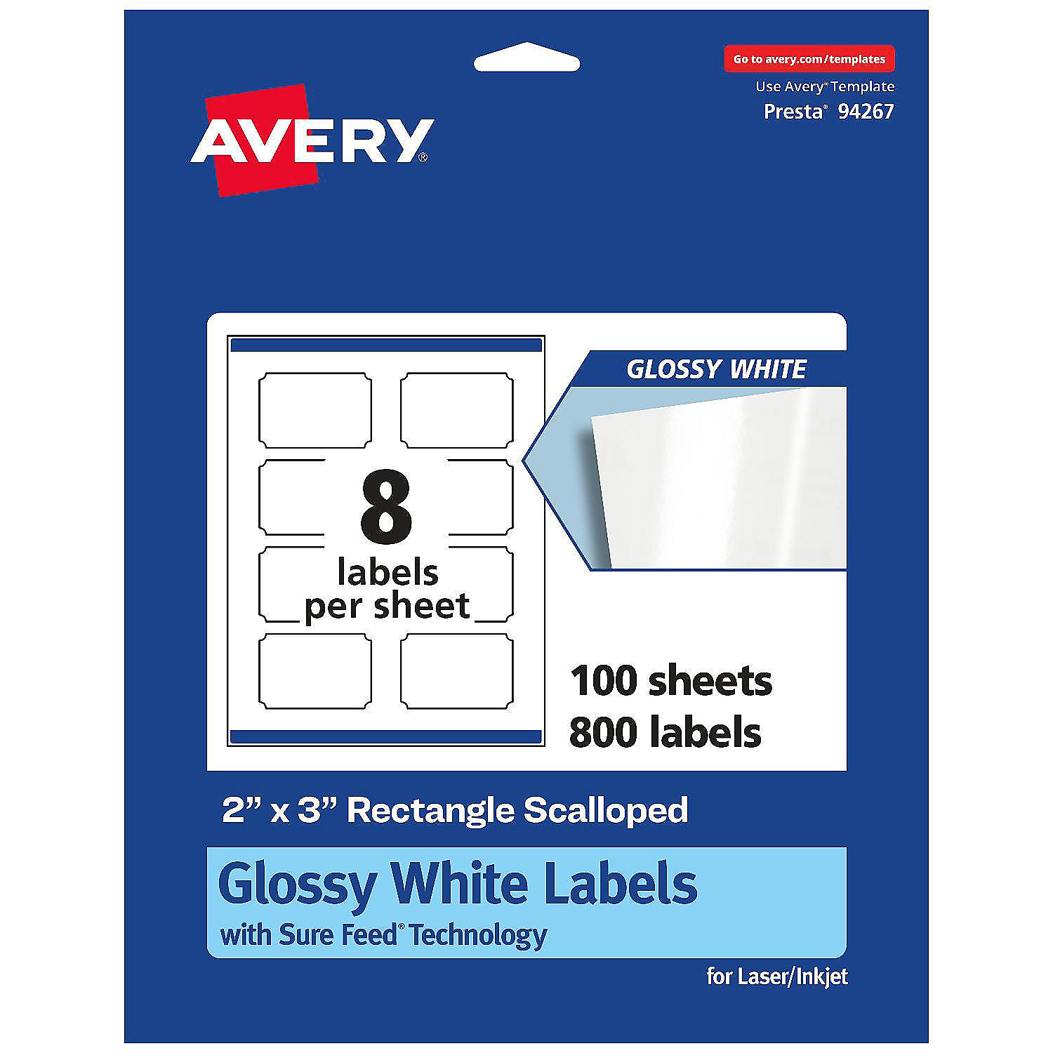 Avery Glossy White Rectangle Scalloped Labels, 2" x 3", 800 Total