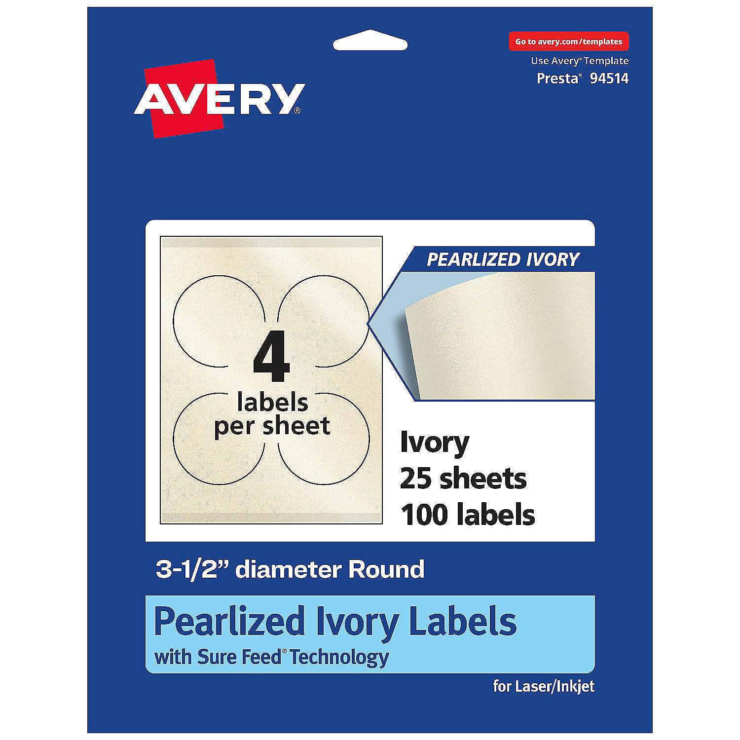 Avery Pearlized Ivory Round Labels, 3.5" diameter, 100ct Oriental Trading