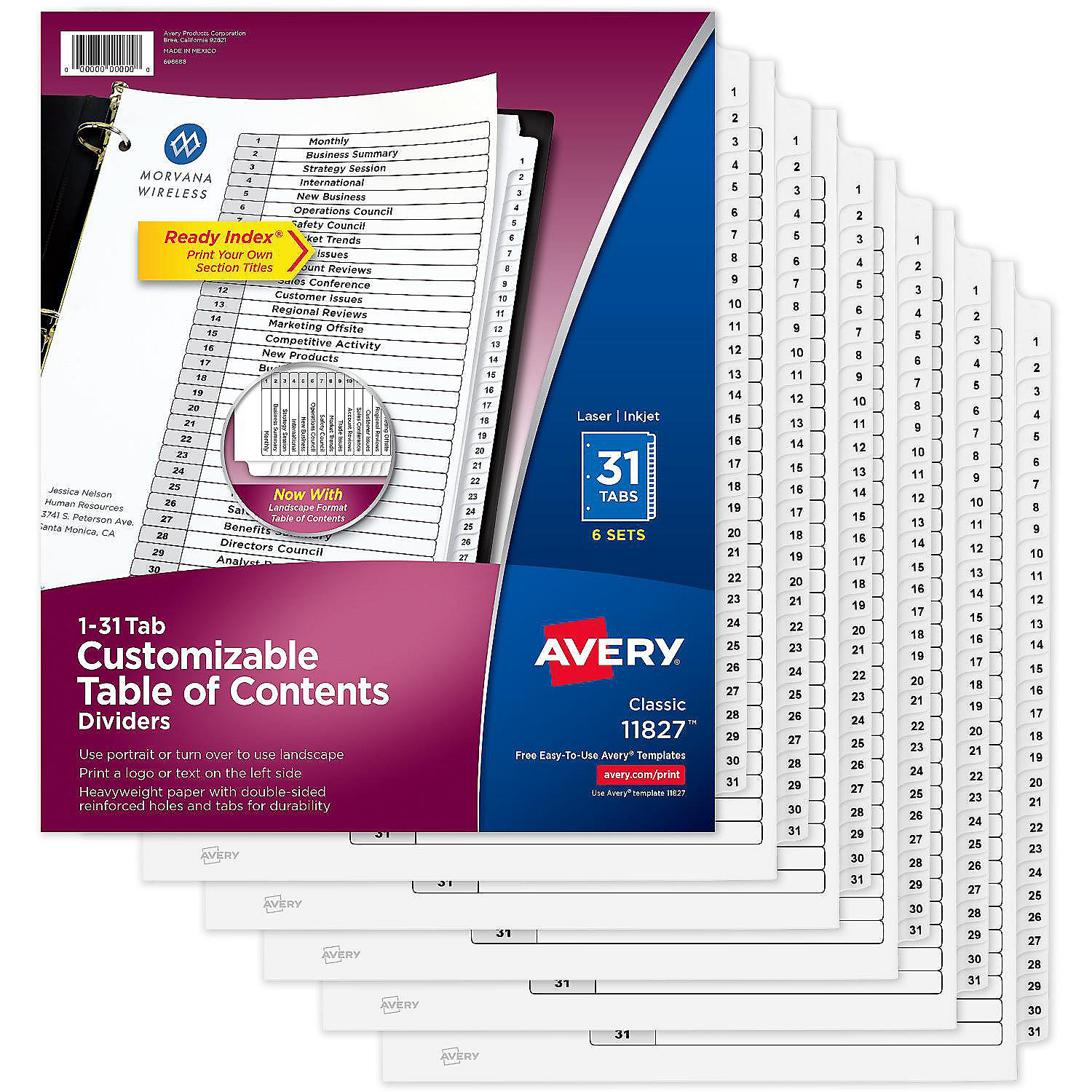 Avery Ready Index 31 Tab Dividers, Customizable TOC, 6 Sets (11827