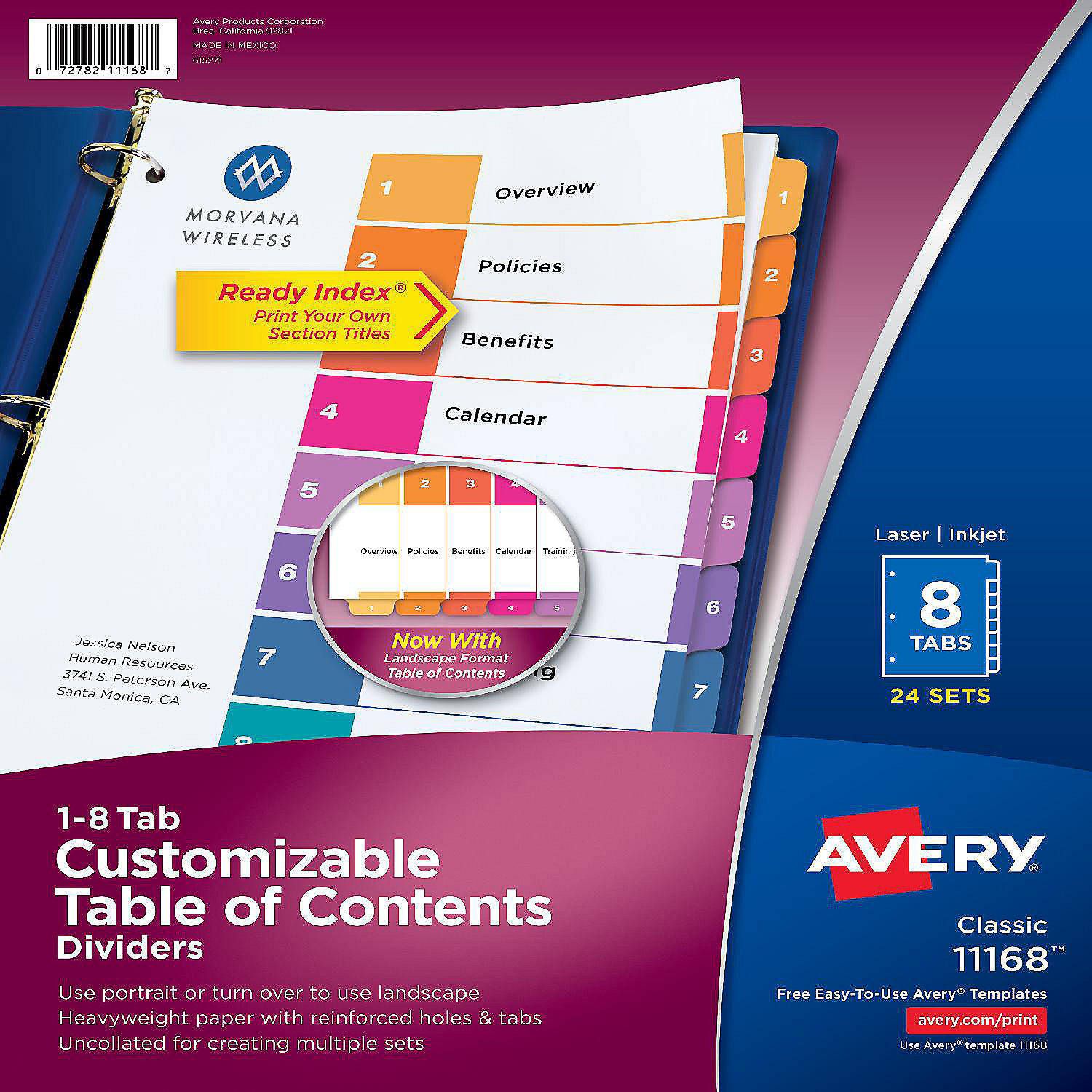 Avery Ready Index 8 Tab Dividers, Customizable TOC, 24 Sets (11168 ...