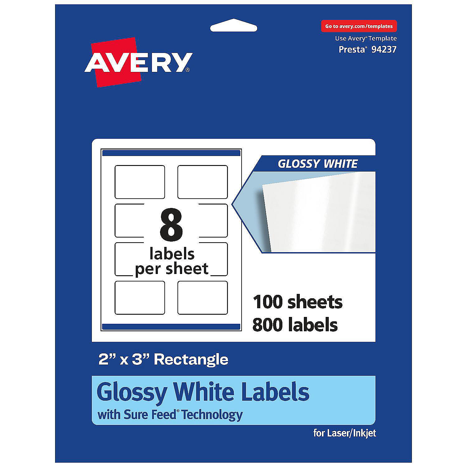 Avery Rectangle Labels with Sure Feed, 2" x 3", 800 Glossy White Labels (36464) Oriental Trading