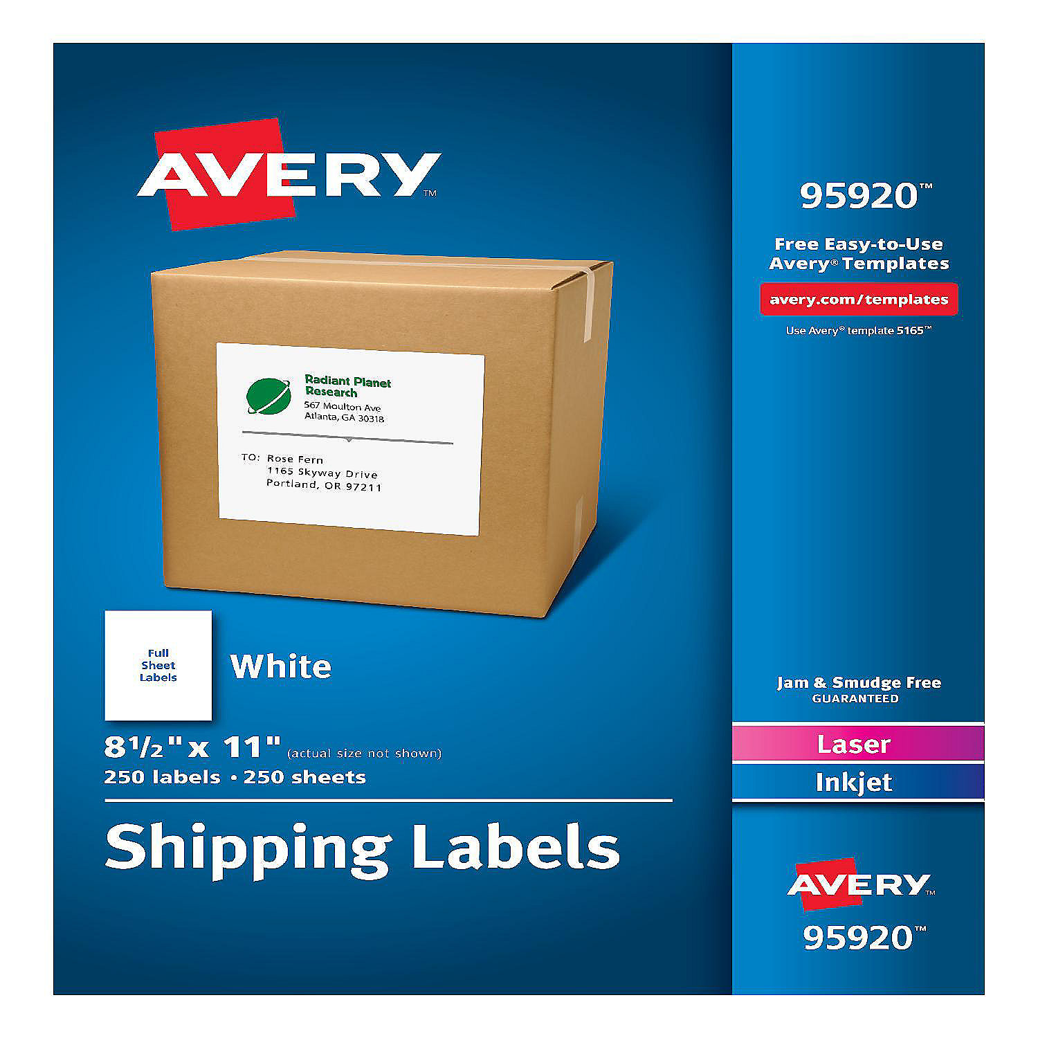 Avery Shipping Address Labels, 250 Labels, Full Sheet Labels, Permanent