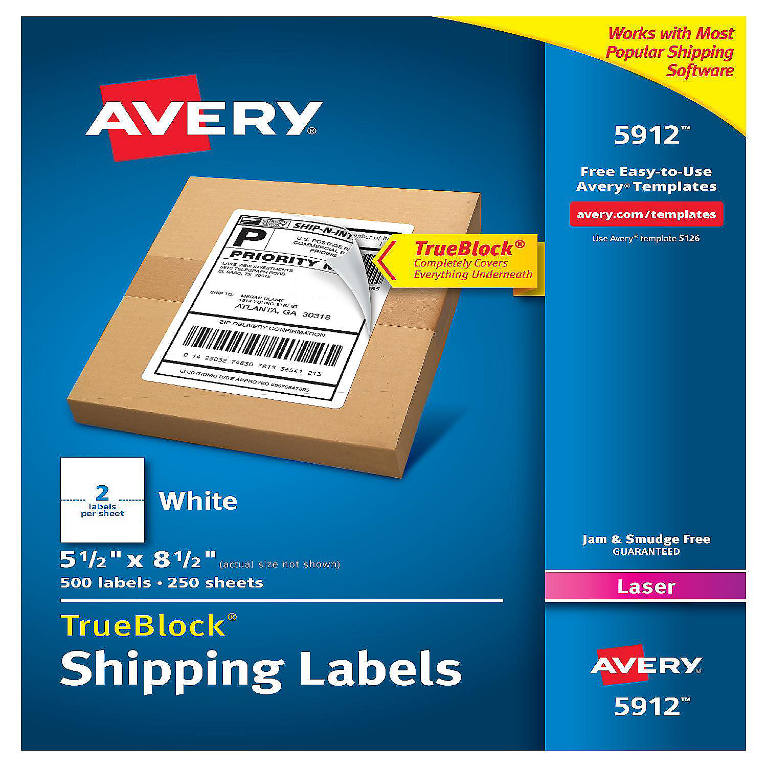 Avery Shipping Address Labels, Laser Printers, 500 Labels, Half Sheet