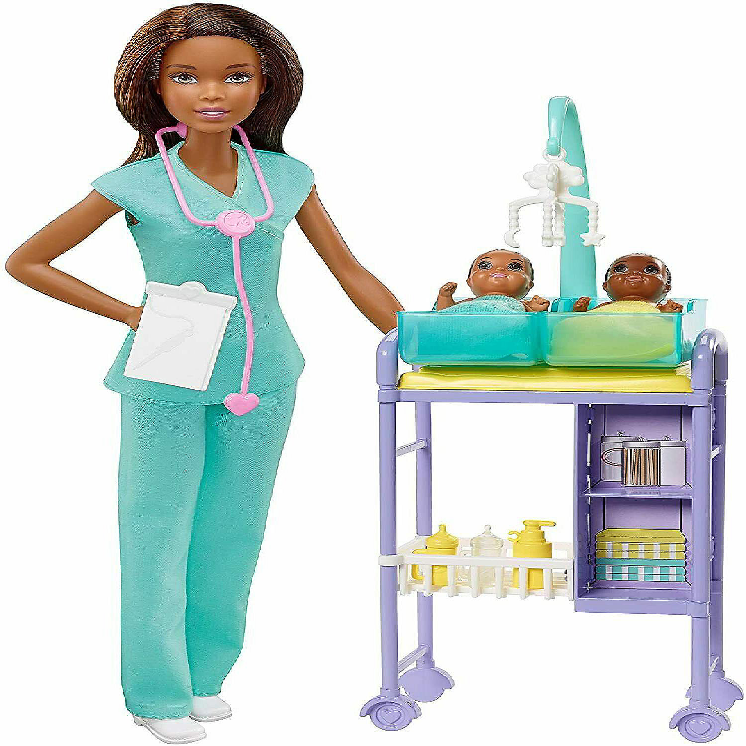 Onophoudelijk balans Elementair Barbie™ Baby Doctor Playset with Brunette Doll, 2 Infant Dolls, Exam Table  and Accessories | Oriental Trading