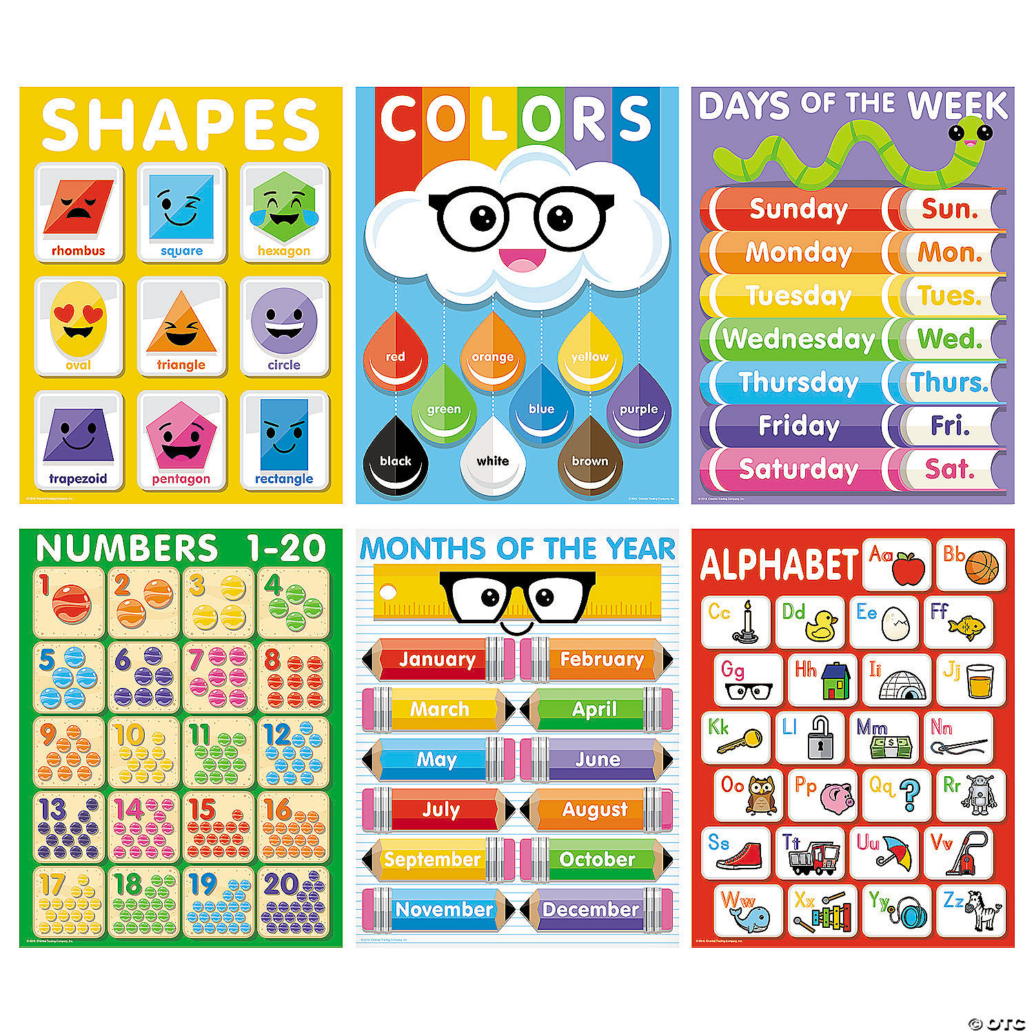 Letters set of 6 Charts Numbers Phonics Early Learning poster Alphabet 