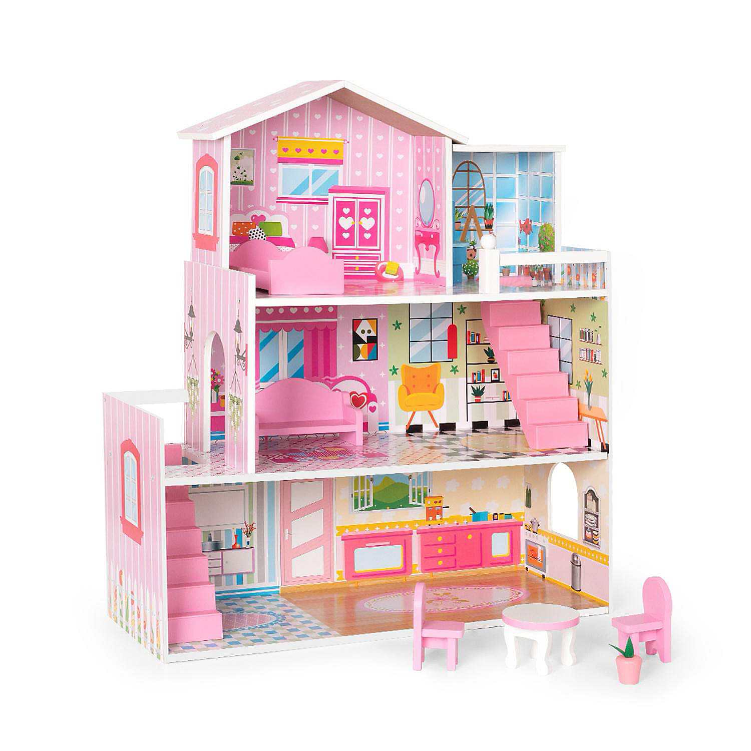 Big Wooden Dollhouse with Furniture - Play Set Gift for Kids, Girls - Pink