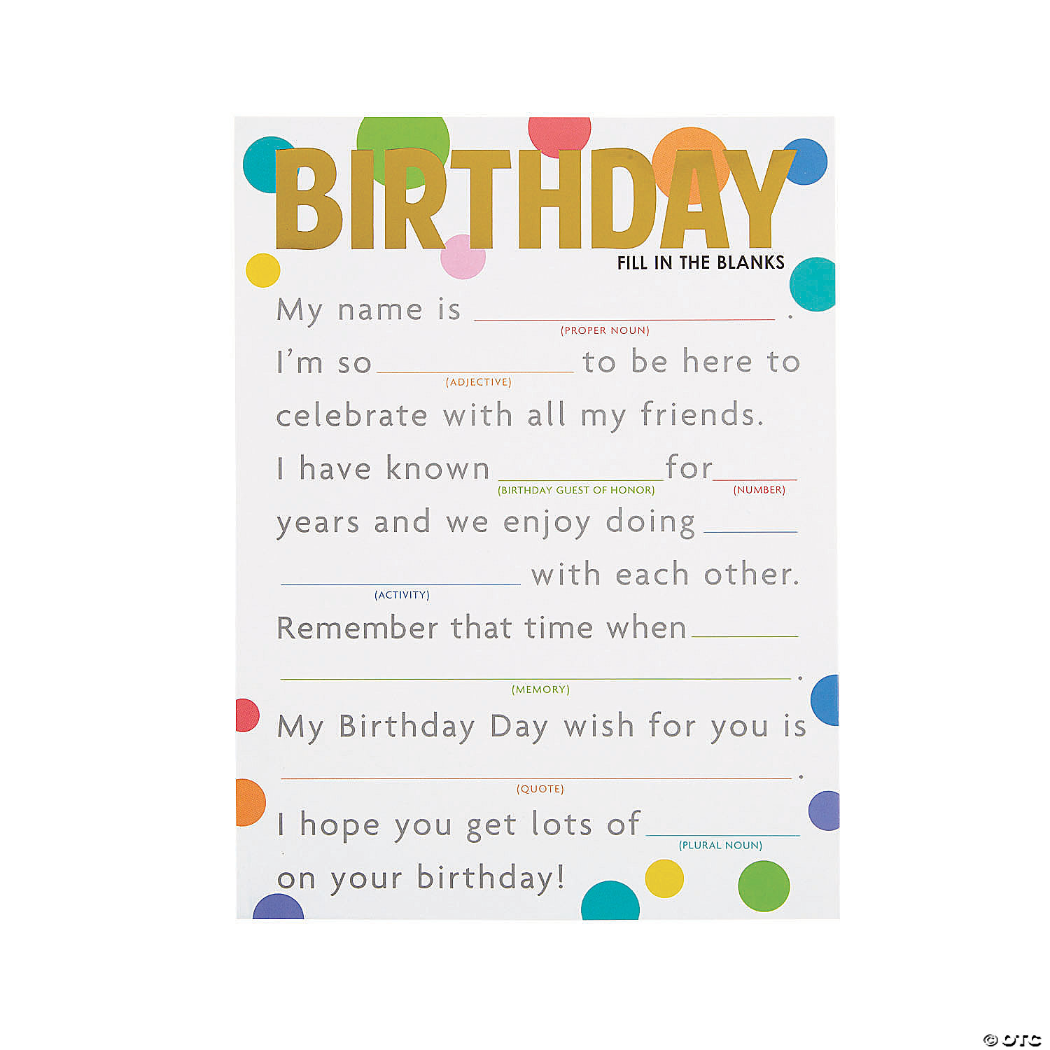 Lionel Green Street Justitie Graveren Birthday Fill-in-the-Blank Game Cards | Oriental Trading
