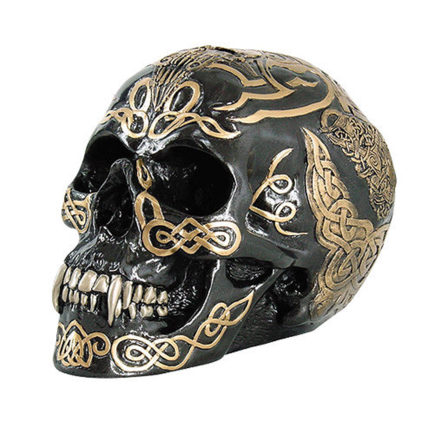 Black and Gold Celtic Pattern Human Skull Figurine Oriental Trading