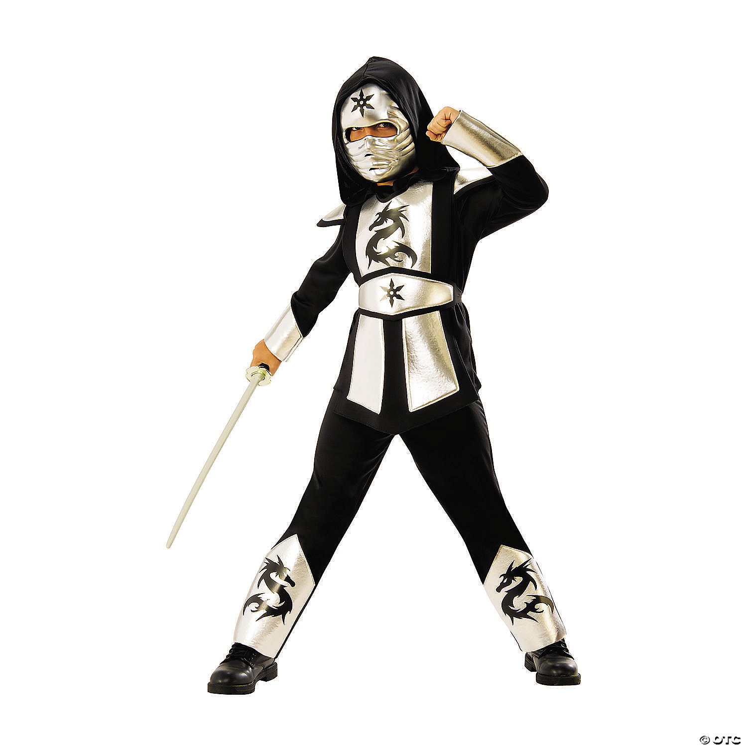 Boys Silver Dragon Ninja Costume + Toy Weapons Kids Samurai