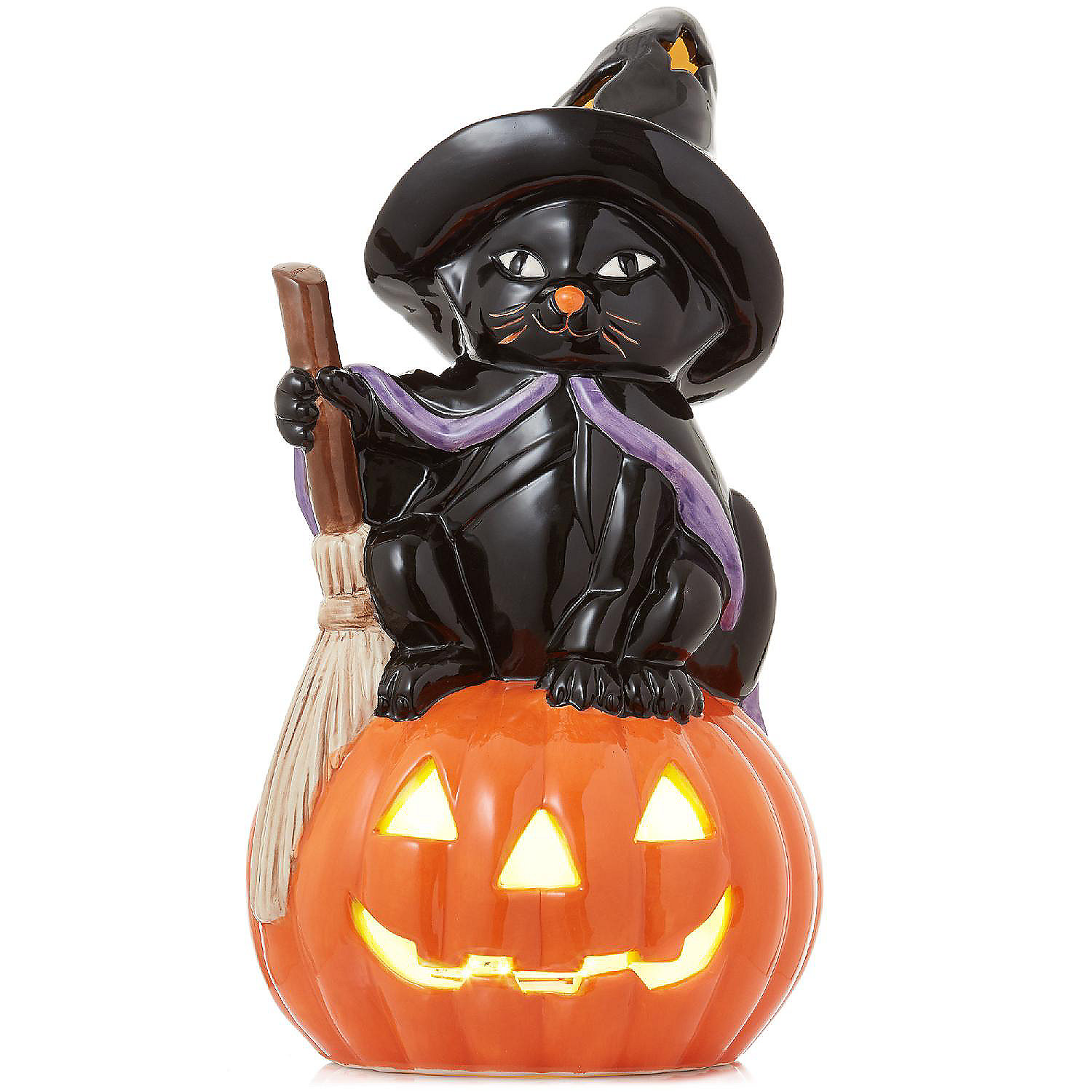 Casafield PreLit Ceramic Halloween Black Cat on Pumpkin HandPainted