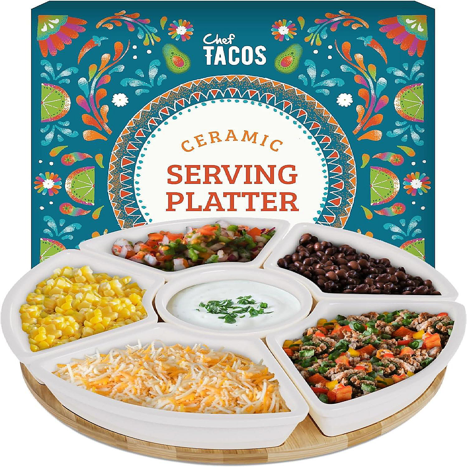 Chef Tacos Ceramic Taco Serving Platter Divided Serving Tray for Taco