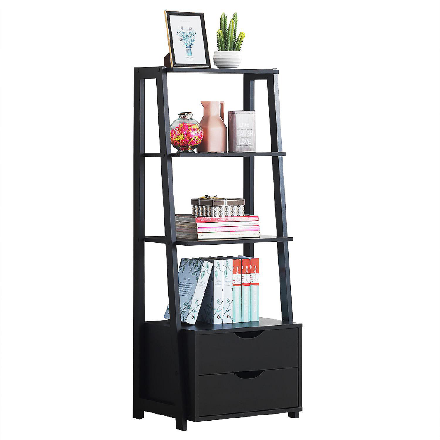 leaning tiered bookshelf