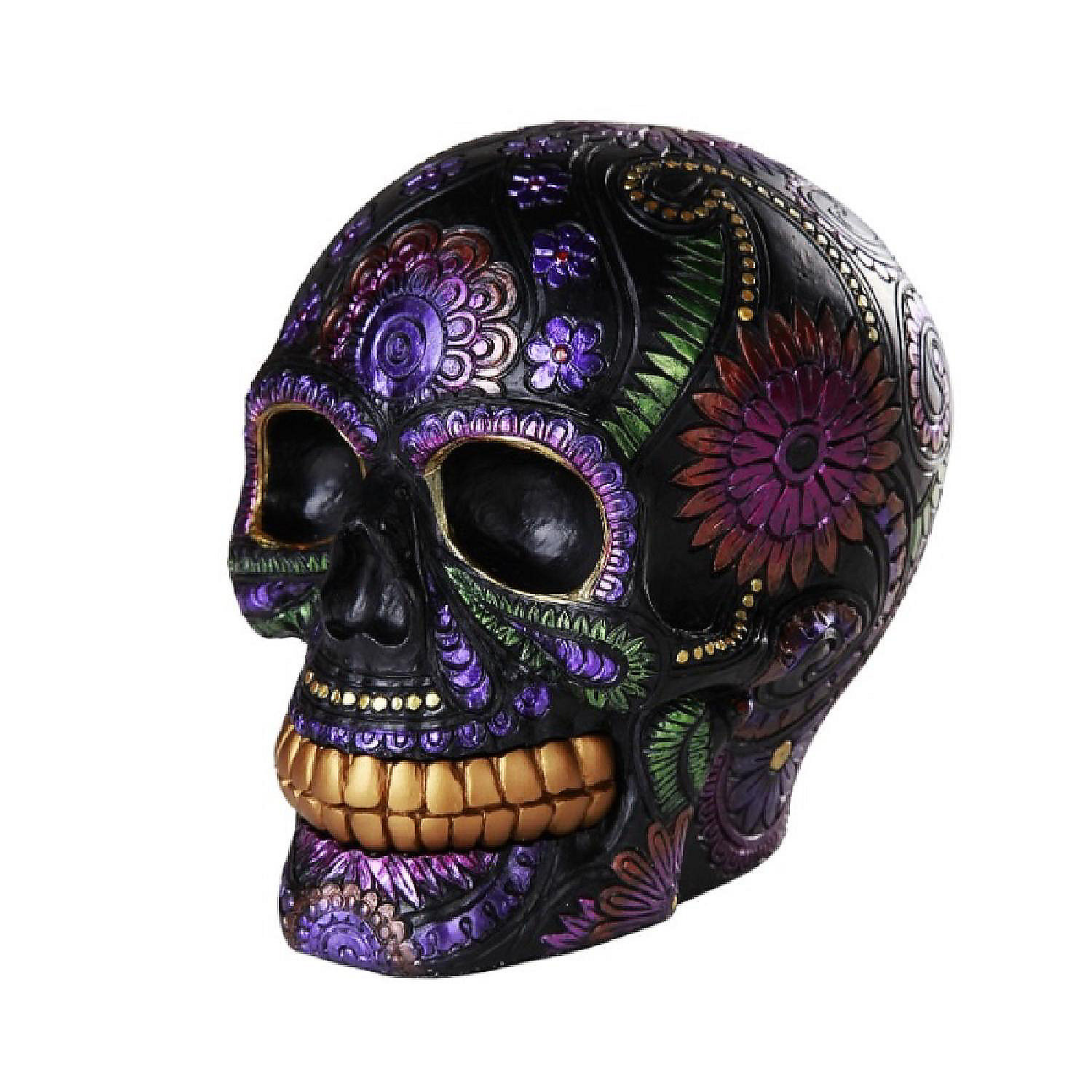 Day of the Dead Black Skull with Purple and Gold Detail Figurine
