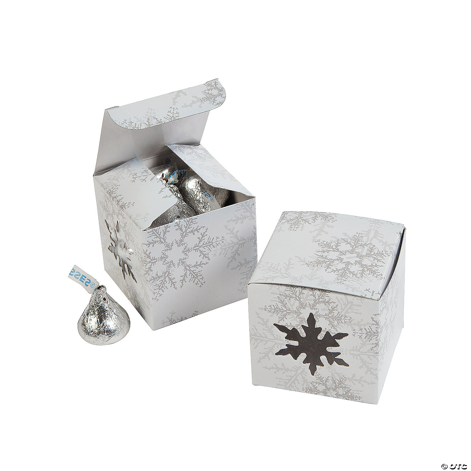6 Silver Snowflakes Square hinged boxes w White Ribbon Christmas Holiday Gifts