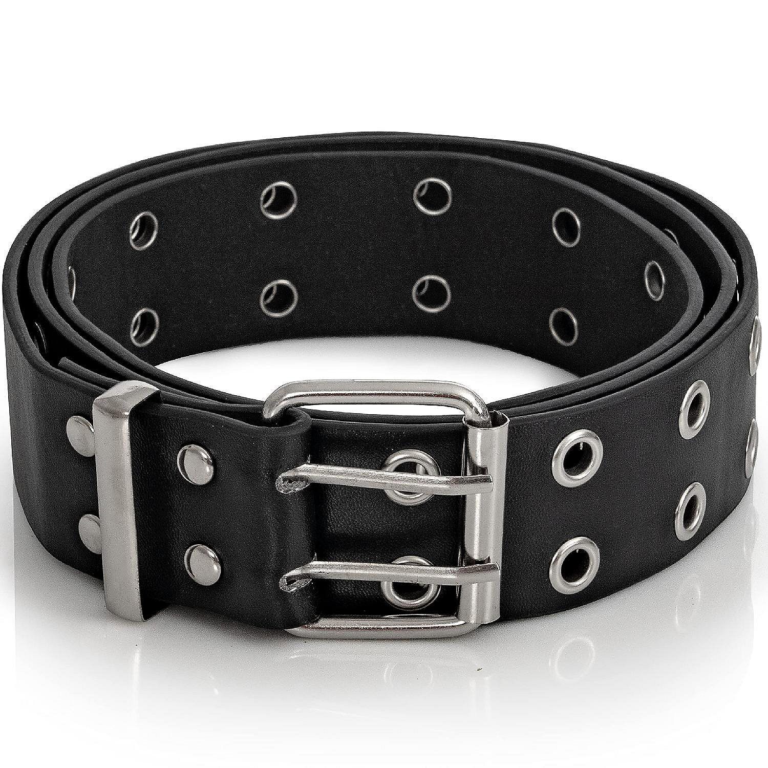 Double Grommet Punk Belt - Black Faux Leather 2 Prong and Holes