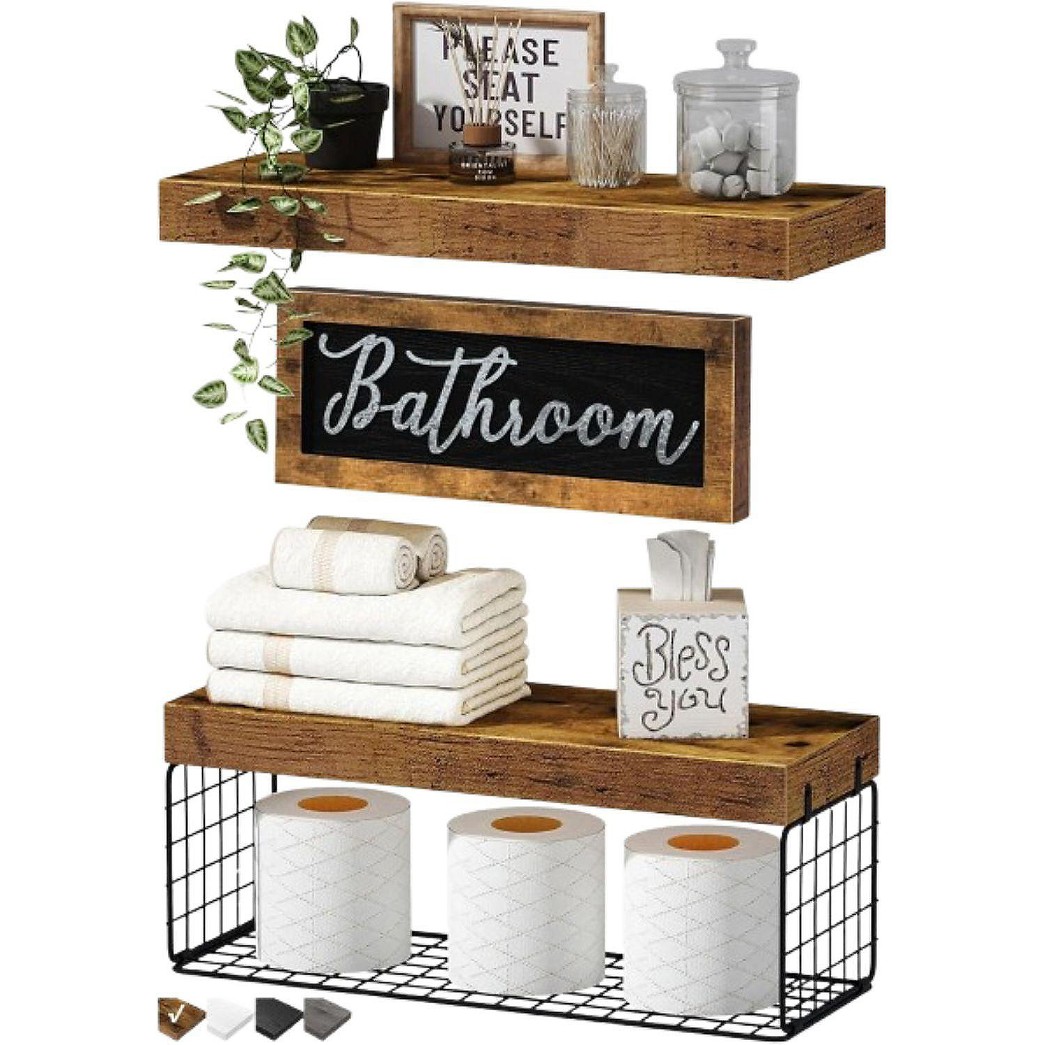 Farmhouse Bathroom Floating Shelves, 16" WallMounted Set Oriental