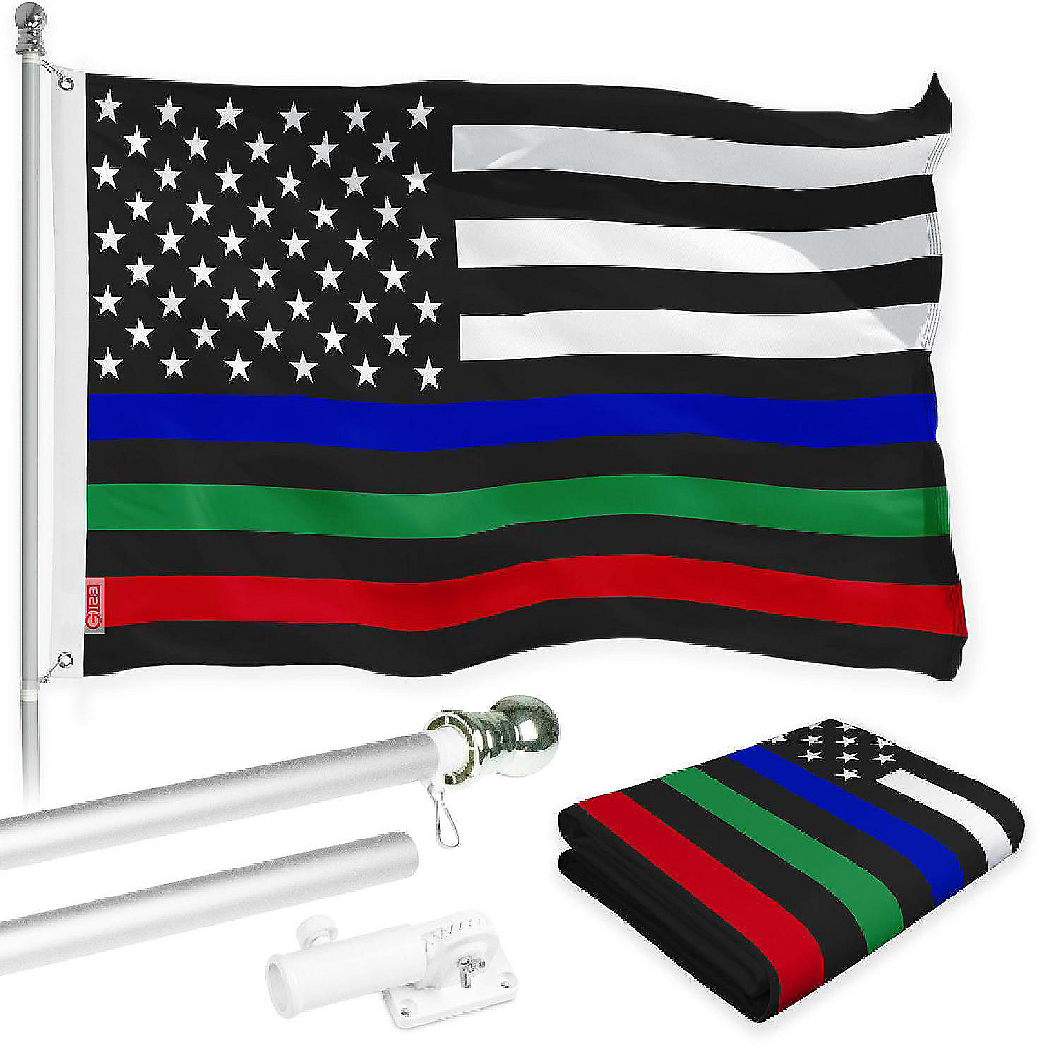G128 Combo 6ft Silver Flagpole & 3x5 Ft Thin Blue Green & Red Line ...