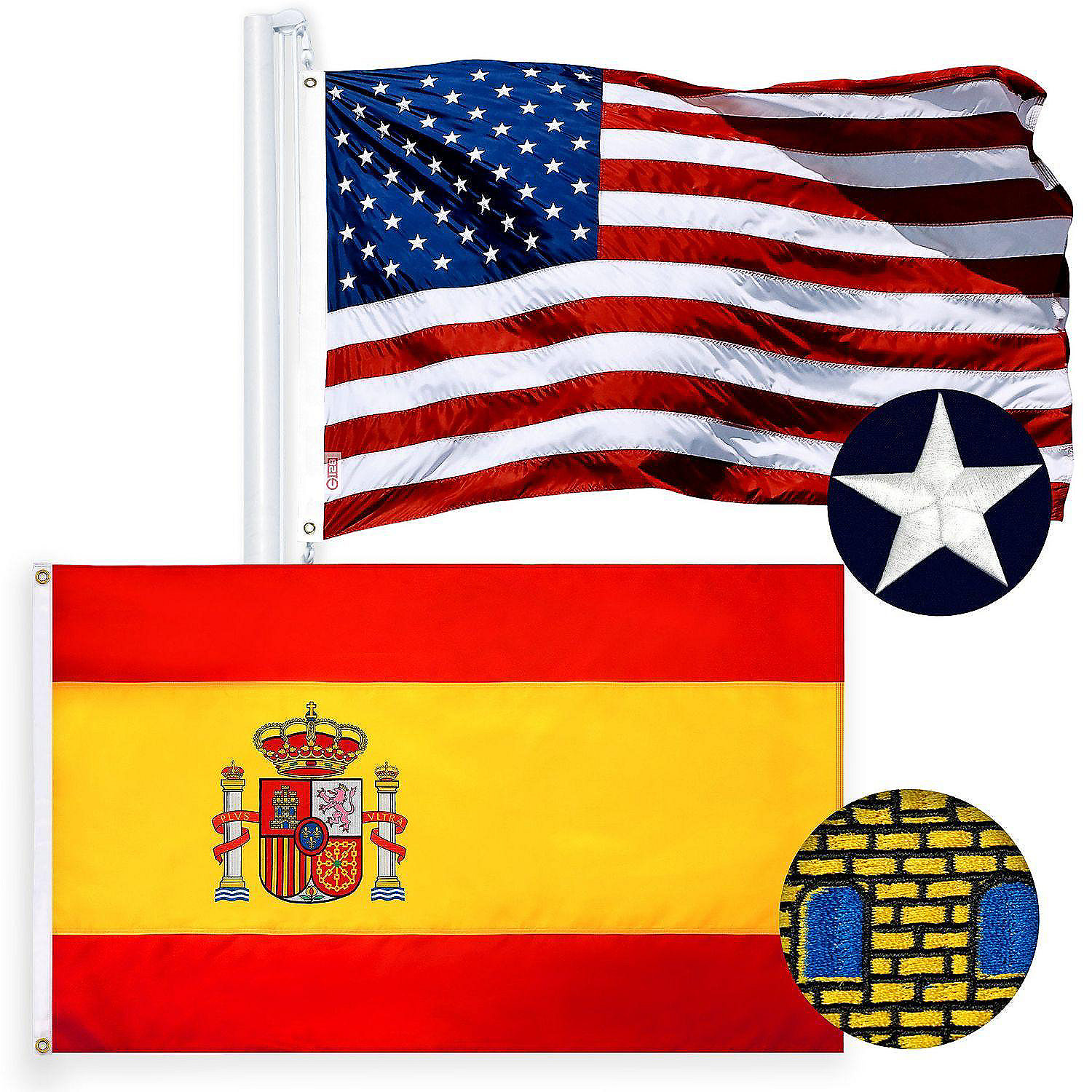 G128 Combo Pack USA American Flag and USA Flag Stars & Spain Spanish Flag  3x5 Ft Doublesided Embroidered 210D