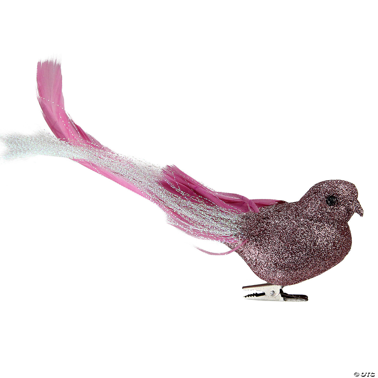 Glittered Bird with Feather Tail Clipon Christmas Ornament 7" Pink