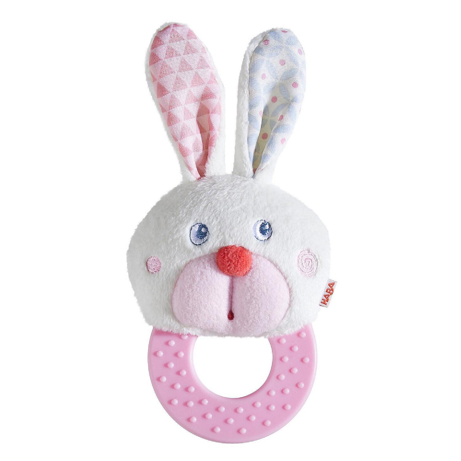HABA Chomp Champ Bunny Teether with Crinkle Ears and Plastic Teething Ring for Babies from Birth and Up 