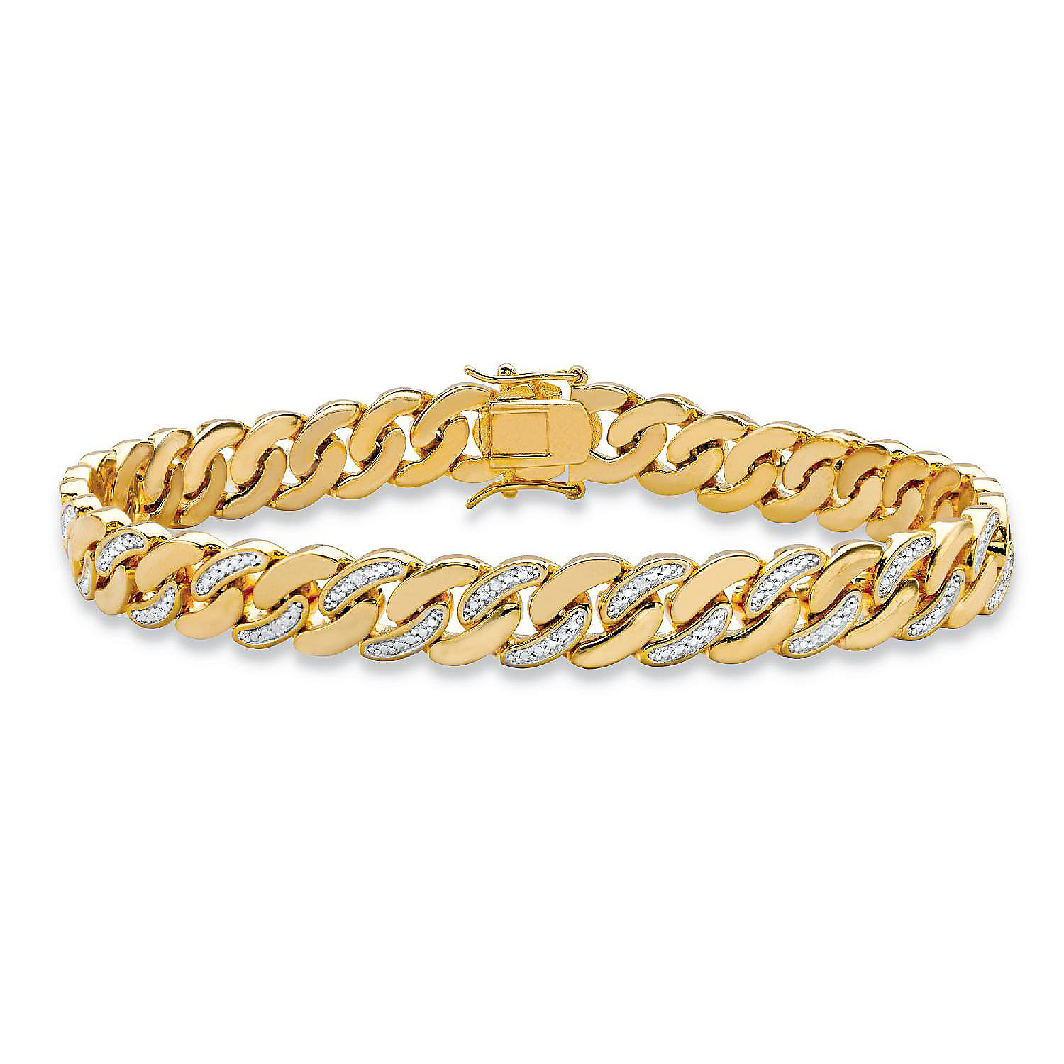 Men's Diamond Accent Pave-Style Two-Tone Curb-Link Bracelet Yellow Gold- Plated 8.5
