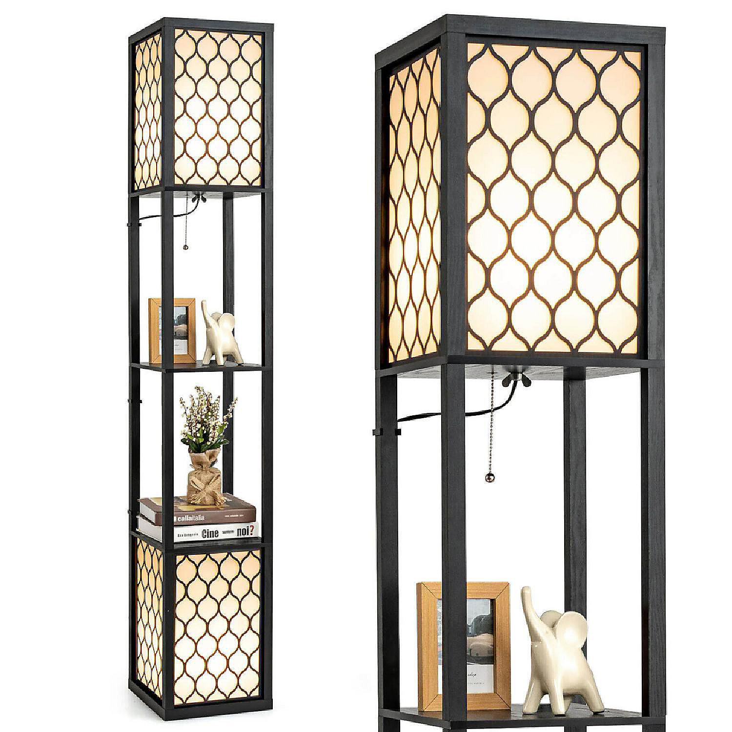 Modern Shelf Floor Lamp Freestanding Double Lamp Pull Chain & Foot