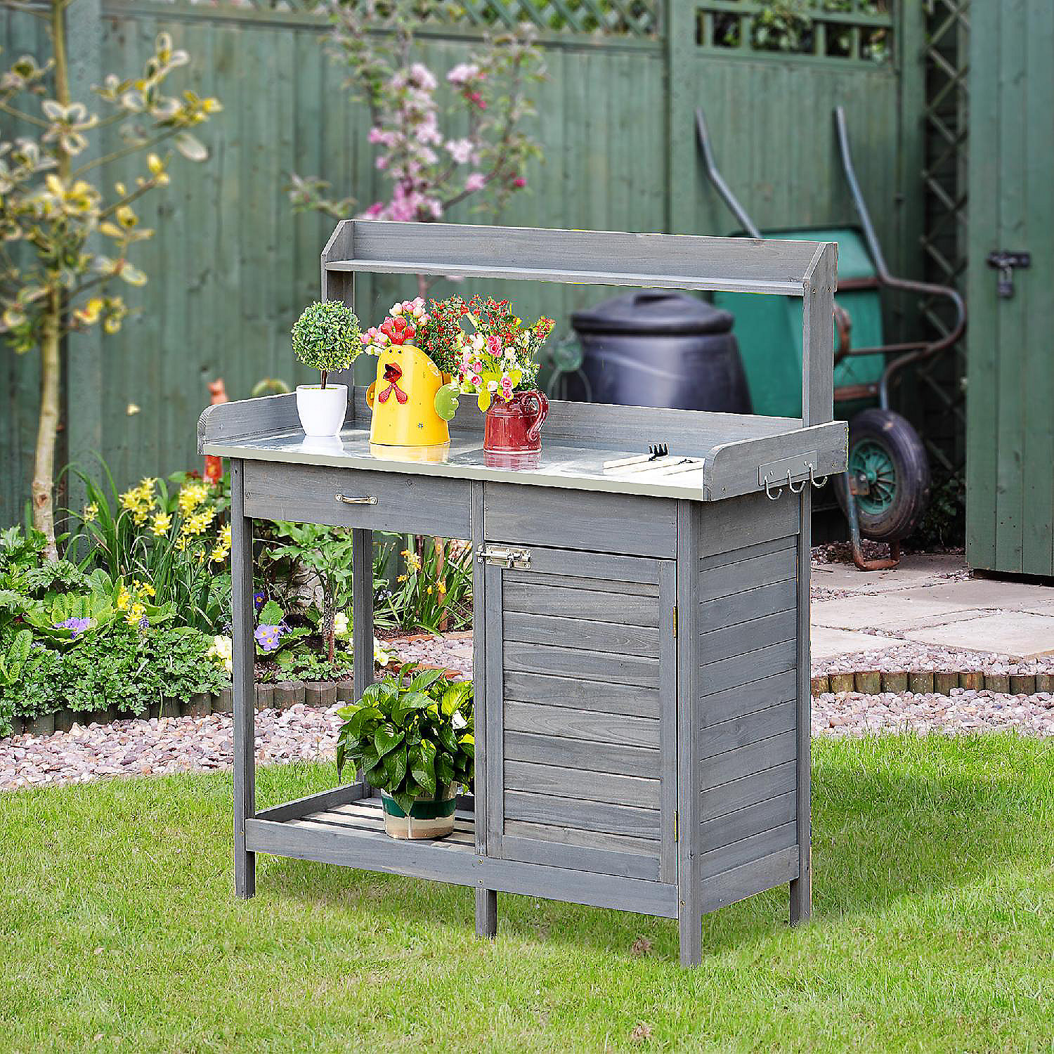 NEW Fir wood Outdoor Garden Potting Bench Metal Tabletop W/Cabinet Work Station 