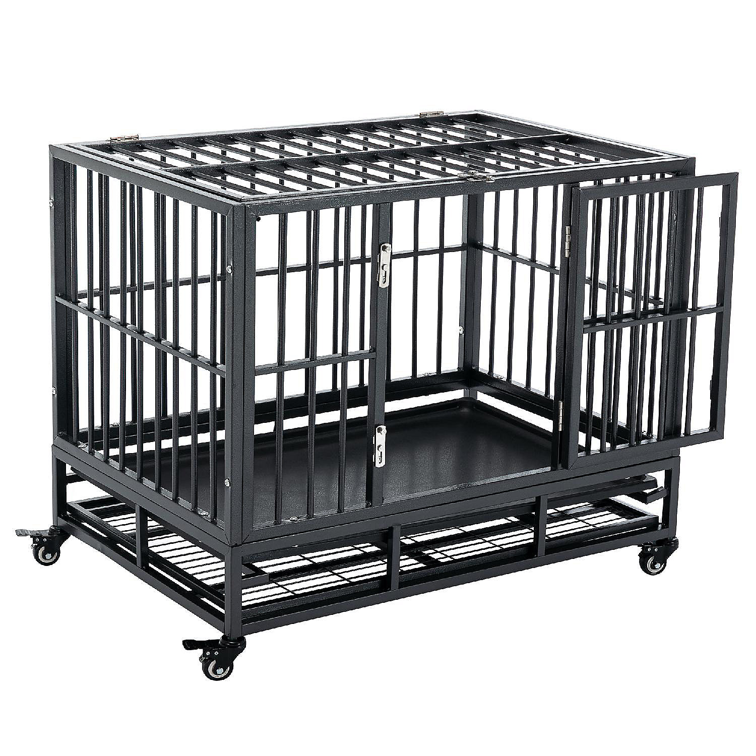PawHut Heavy Duty Dog Cage Kennel Crate Pet Playpen w/ Pull Out Tray Wheels  for Medium Small Dogs Grey | Oriental Trading
