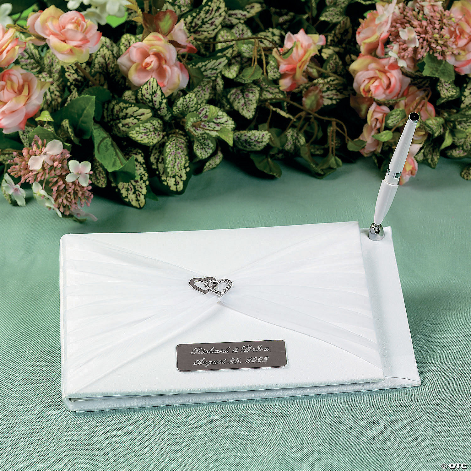 Personalized Wedding Guest Book and Pen Set in Champagne and Pink with Engraving 