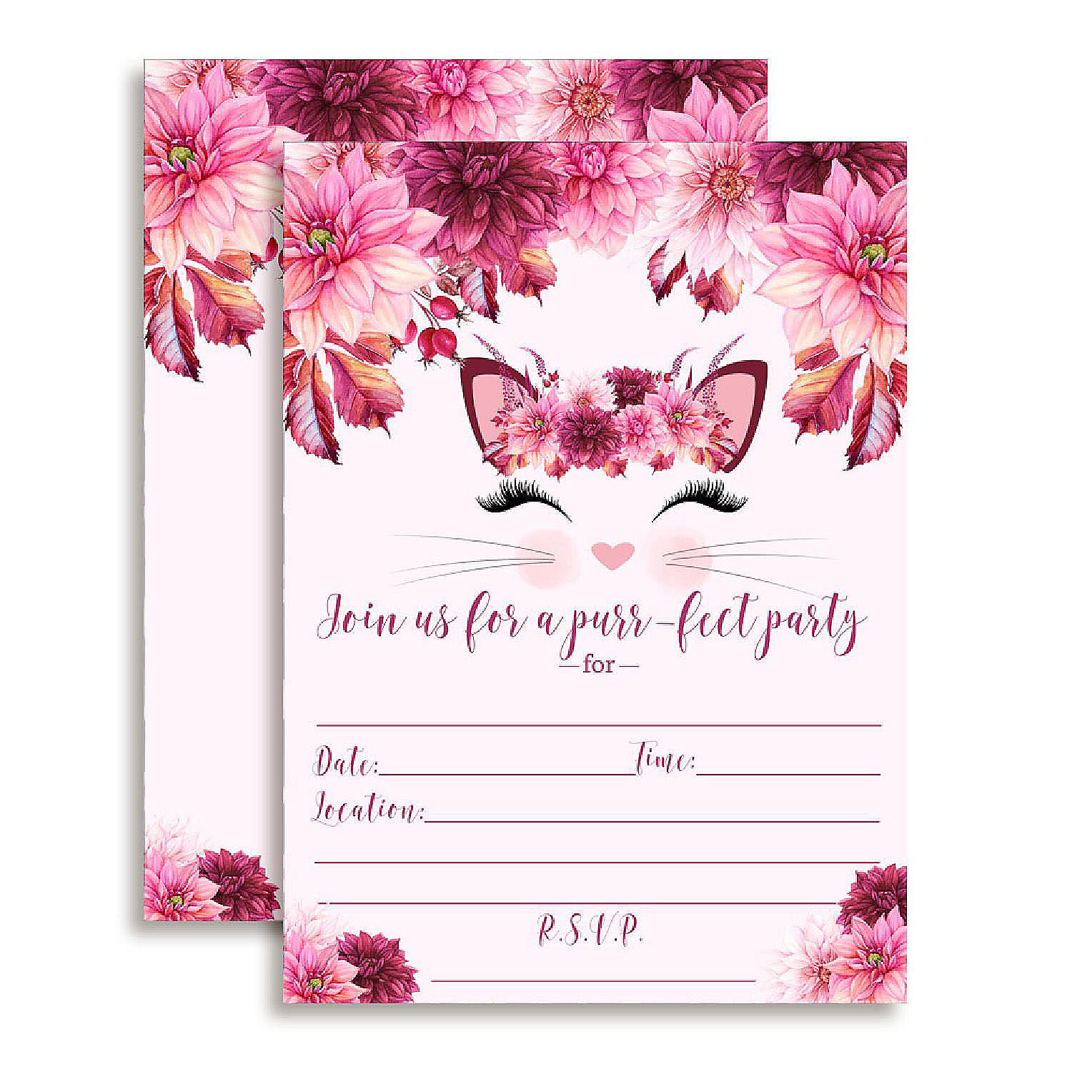 Purrfect Kitty Face Pink Floral Birthday Invitations 40pc. by  AmandaCreation | Oriental Trading
