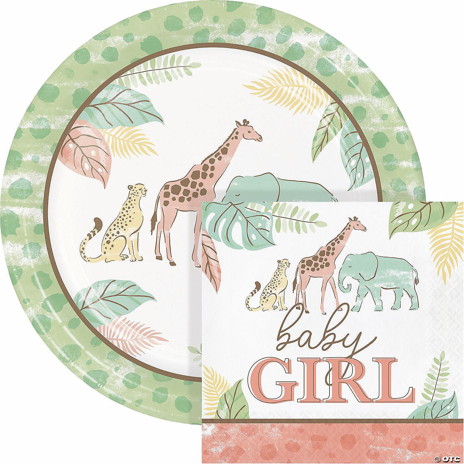 Safari Baby Animal Girl's Birthday Plates and Napkins Set, Serves 16