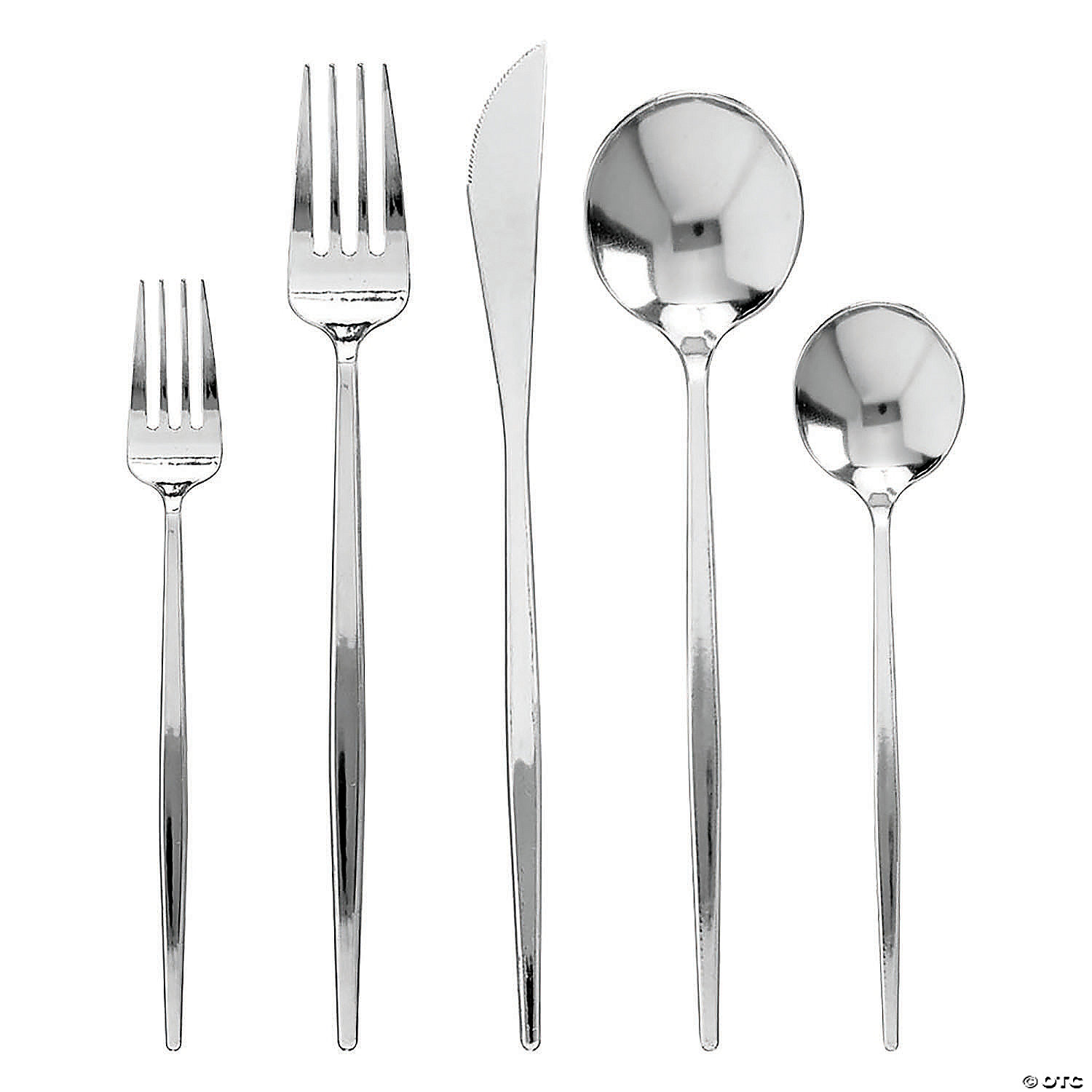 Shiny Silver Moderno Disposable Plastic Cutlery Set - Spoons, Forks, Knives,  Dessert Spoons, and Dessert Forks (40 Guests)