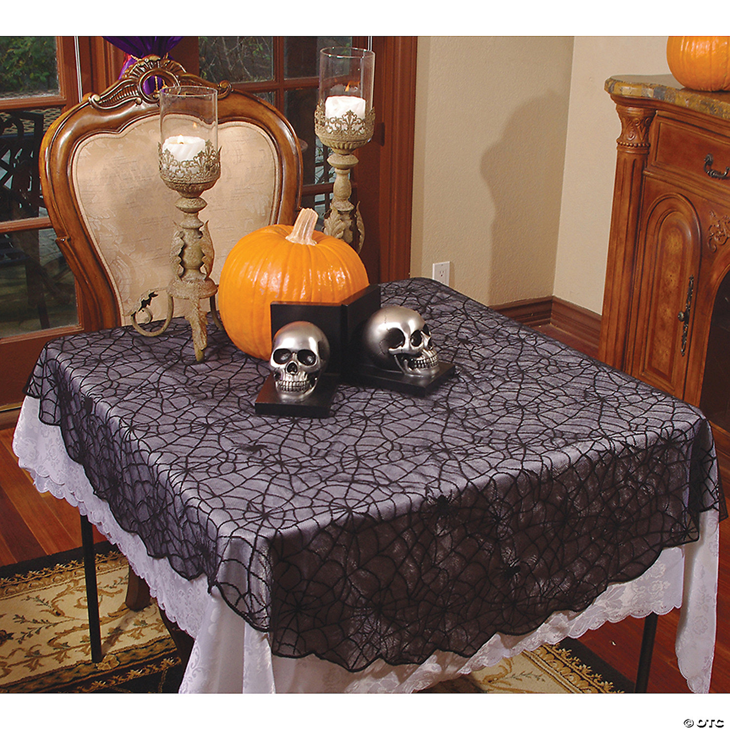 Black Lace Spider Web Skull Tablecloth Halloween Gothic Skeleton Bat Table Cover