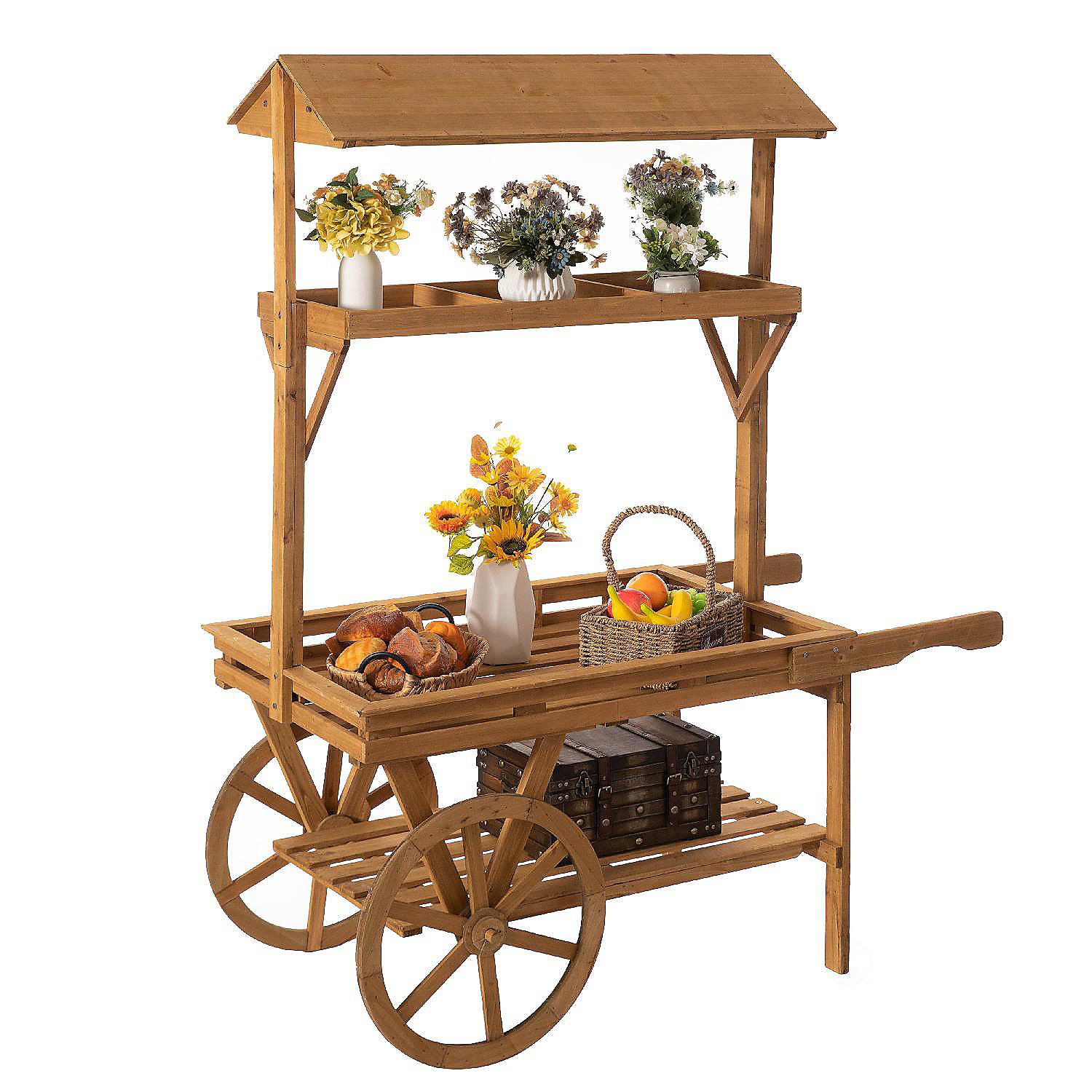 Vintiquewise Wooden 3 Tier Rolling Table Cart With 2 Wheels for Home