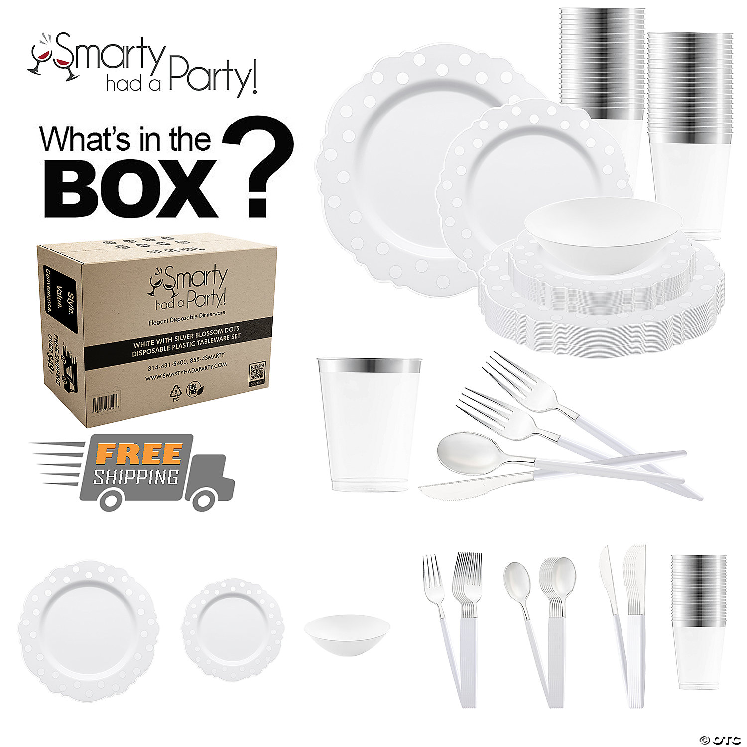 White with Silver Blossom Dots Disposable Plastic Tableware Set 120