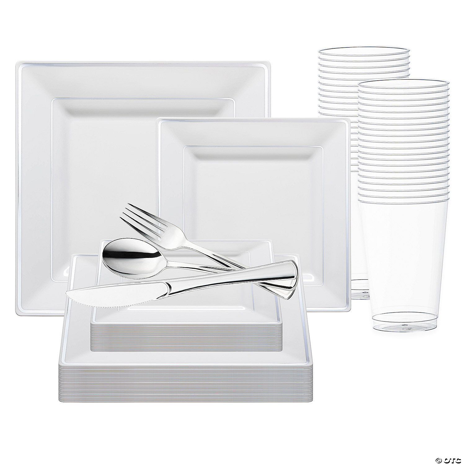 White with Silver Square Edge Rim Plastic Wedding Value Set 60