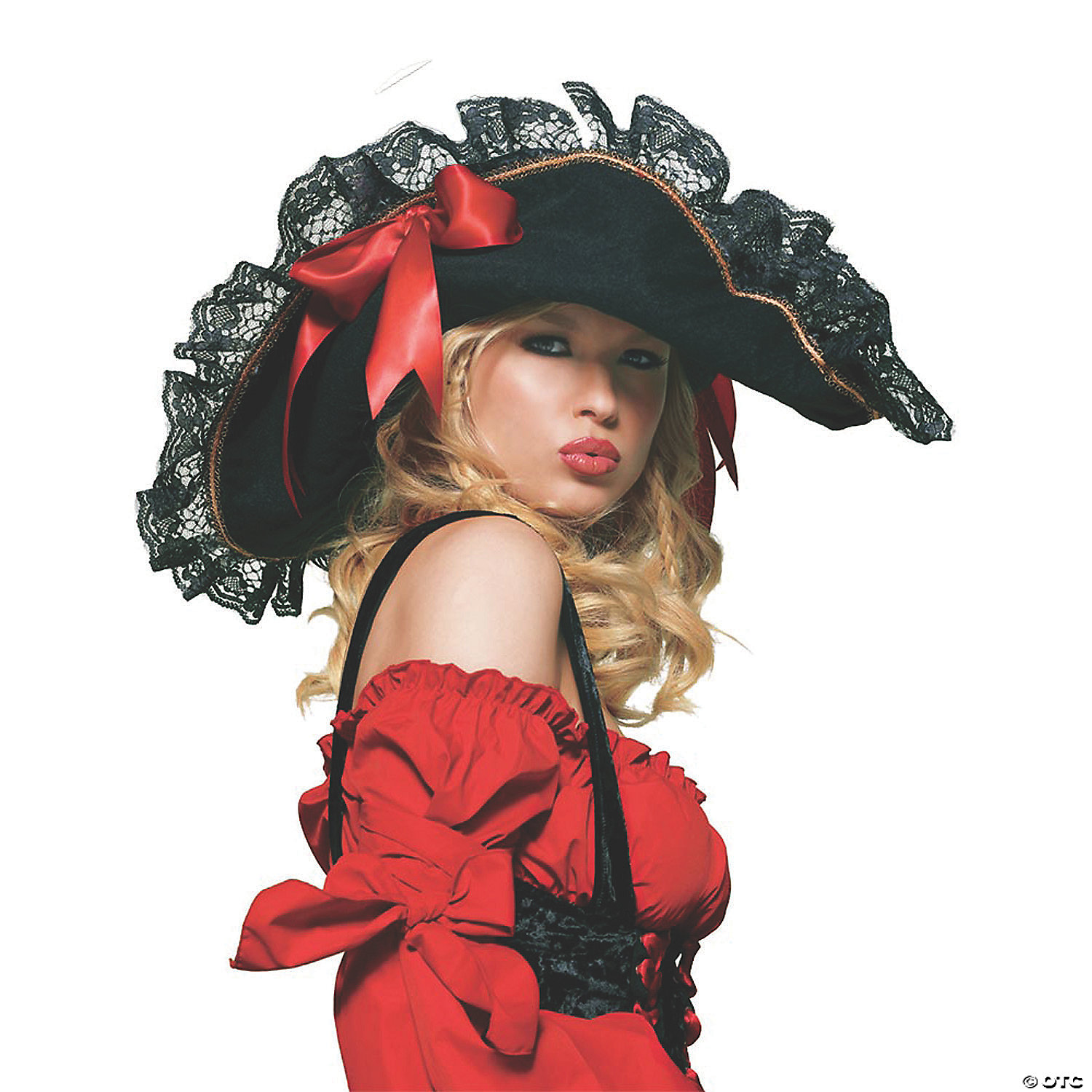 Women's Black Swashbuckler Hat with Lace & Red Ribbon