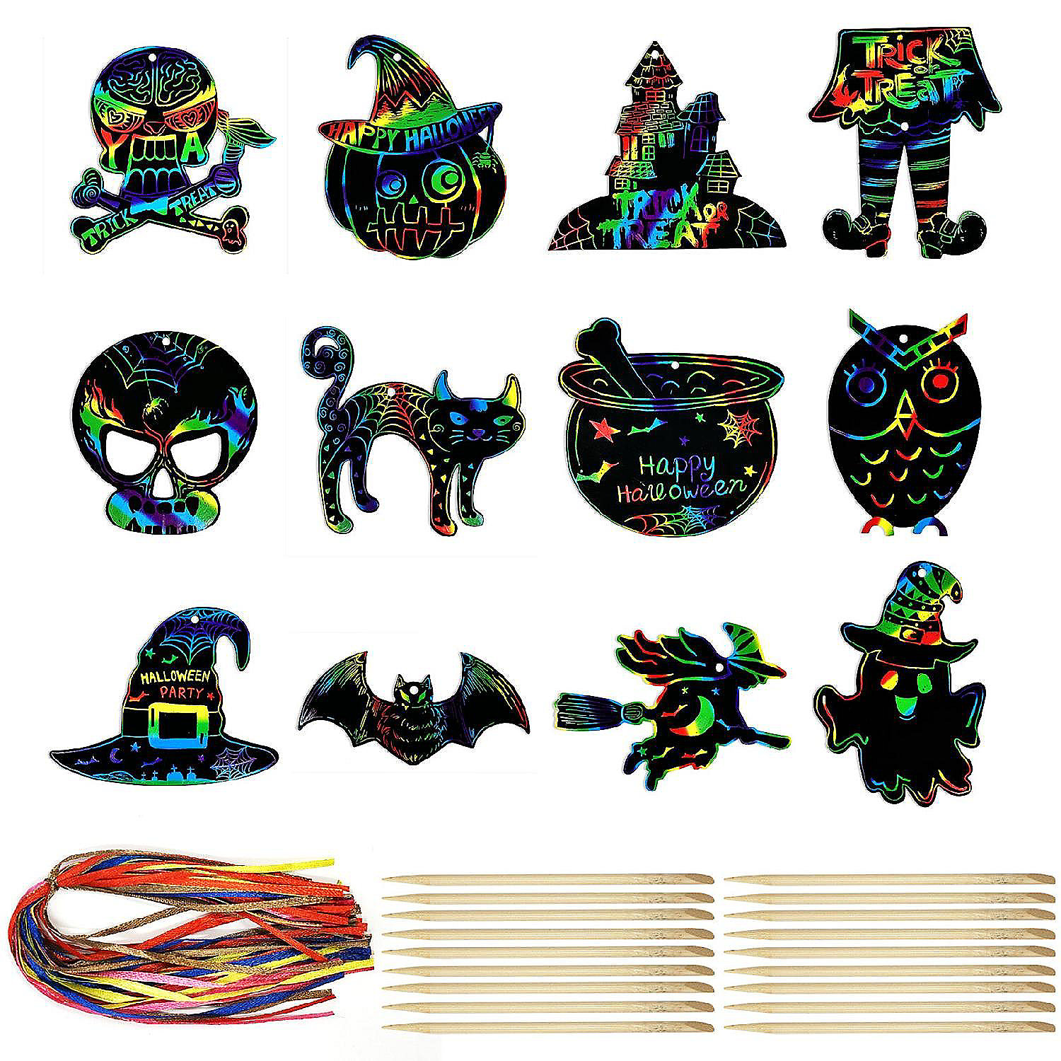 Wrapables 36pc DIY Rainbow Color Scratch Arts Ornaments, Halloween